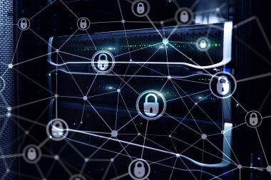 Siber güvenlik, bilgi gizliliği, modern sunucu odası arka planında veri koruma kavramı. İnternet ve dijital teknoloji kavramı.