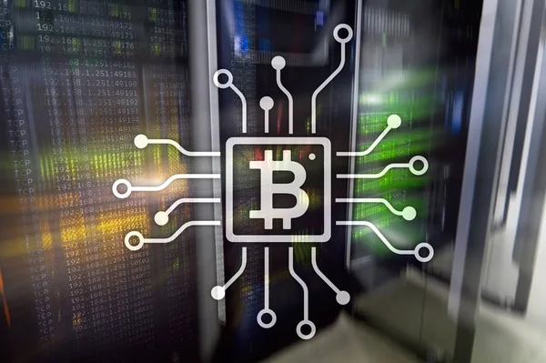 Bitcoin, Blockchain concept on server room background. — Stock Photo, Image