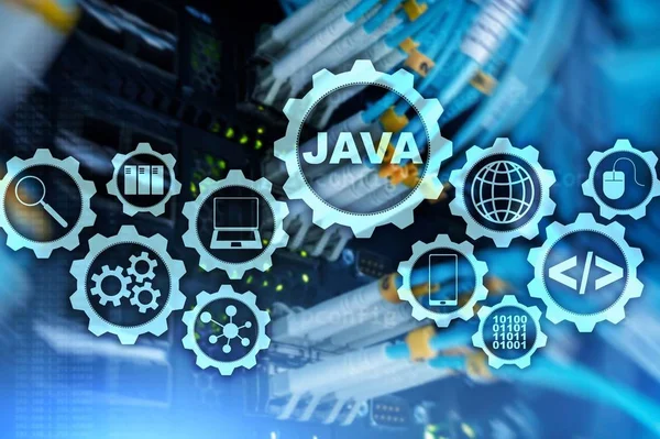 Concetto di programmazione Java. Macchina virtuale. Sullo sfondo della sala server. — Foto Stock