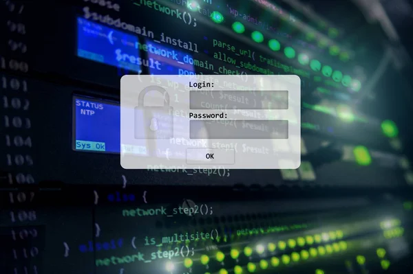 サーバー ルーム、ログインとパスワードの要求、データ アクセスおよびセキュリティ. — ストック写真
