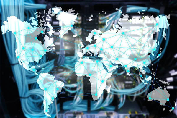 Internet and telecommunication concept with world map on server room background. — Stock Photo, Image