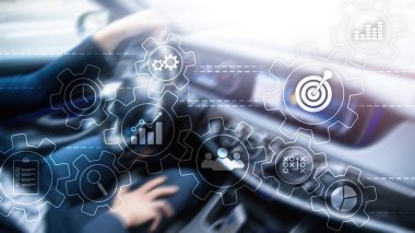 İş süreci otomasyonu kavramı. Dişliler ve arka plan üzerinde simgeler