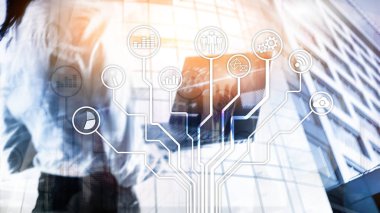 İş uygulamaları simgeleri arka plan bulanık. Finans ve ticaret. Internet teknoloji kavramı.