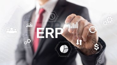 ERP sistemi, bulanık arka planda Atılgan kaynak planlaması. İş otomasyonu ve yenilik kavramı.