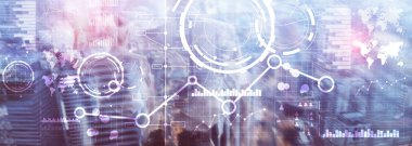 İş arabirimi karışık teknik çift pozlama mali grafik grafik diyagramı ve sanal ekran üstünde kutsal kişilerin resmi. İnovasyon kavramı