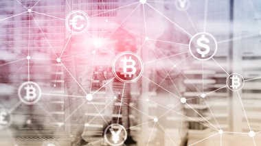 Çift Pozlama kavramı, Bitcoin ve blockchain. Dijital Ekonomi ve ticaret para.