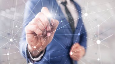 Bulanık gökdelenlerin arkaplanındaki engelleme ağı. Finansal teknoloji ve iletişim konsepti.