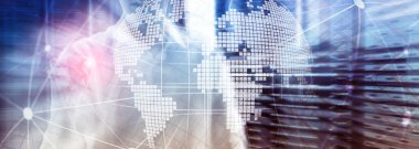 3D Dünya hologram üzerinde arka plan bulanık. Küresel iş ve iletişim kavramı.