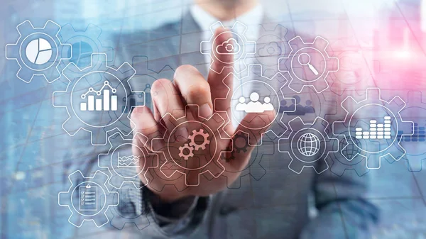 Business process abstract diagram with gears and icons. Workflow and automation technology concept — Stock Photo, Image