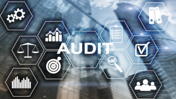 Audit business and finance concept. nalysis Annual Financial Statements, Analyze return on investment. Mixed media abstract background