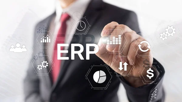 ERP-System, Enterprise Resource Planning auf verschwommenem Hintergrund. Geschäftsautomation und Innovationskonzept. — Stockfoto