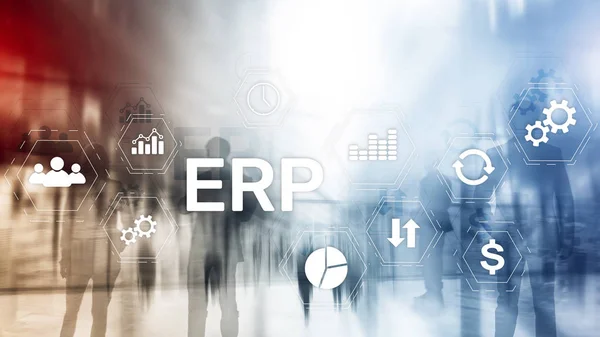 ERP rendszer, Enterprise erőforrás tervezés homályos háttérrel. Üzleti automatizálás és innovációs koncepció. — Stock Fotó