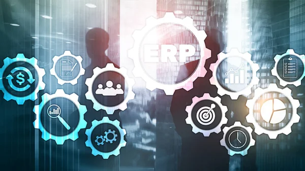 ERP-System, Enterprise Resource Planning auf verschwommenem Hintergrund. Geschäftsautomation und Innovationskonzept. — Stockfoto