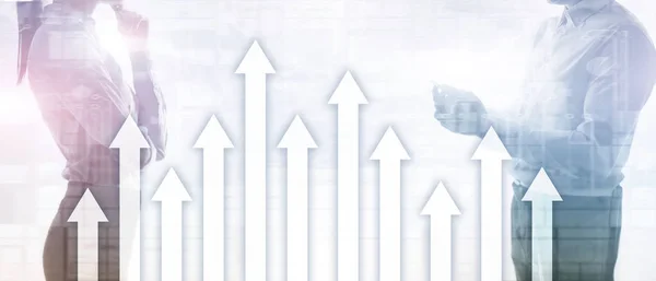 Up arrow graph on skyscraper background. Invesment and financial growth concept. — Stock Photo, Image