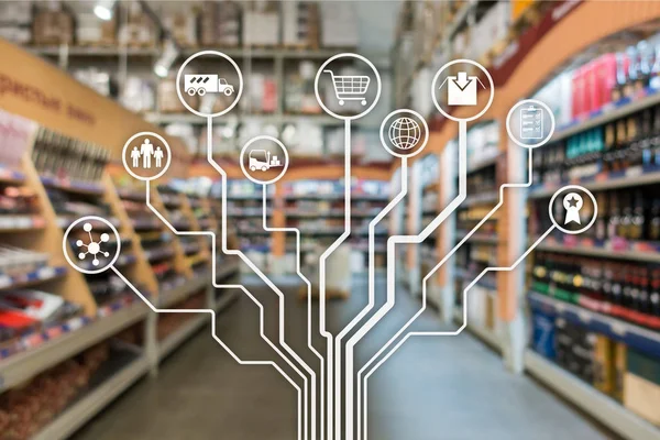 Perakende kavramı üzerinde pazarlama kanalları E-ticaret alışveriş Otomasyonu süpermarket arka plan bulanık.
