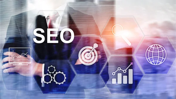 SEO - Zoekmachine optimalisatie, Digitale marketing en internet technologie concept op wazige achtergrond. — Stockfoto