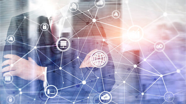 ICT - information and telecommunication technology and IOT - internet of things concepts. Diagrams with icons on server room backgrounds.