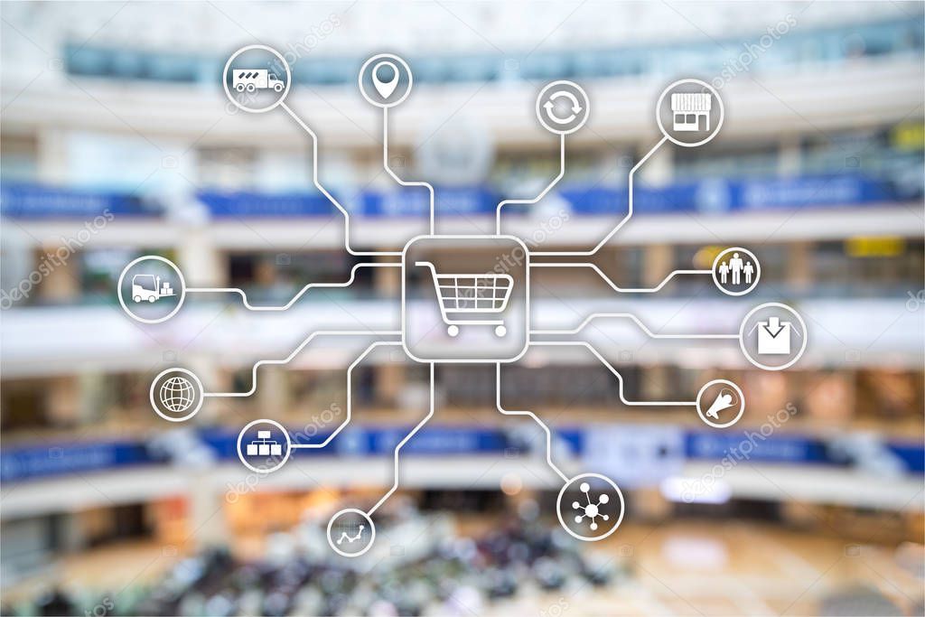 Retail marketing channels E-commerce Shopping automation concept on blurred supermarket background.