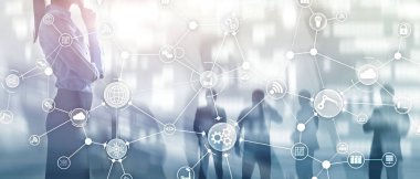 Sanal ekranda teknoloji endüstriyel iş akışı organizasyon yapısı. IOT akıllı endüstri konsepti karışık medya diyagramı.