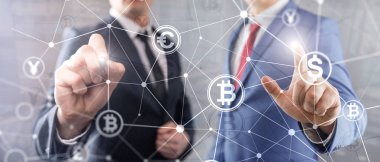 Çift Pozlama kavramı, Bitcoin ve blockchain. Dijital Ekonomi ve ticaret para.
