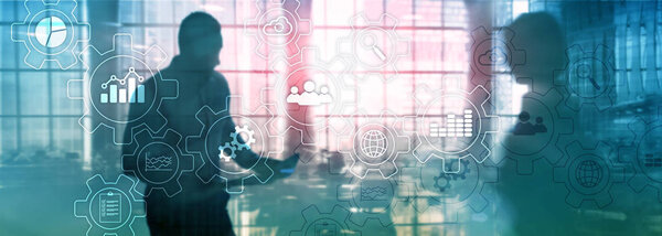 Абстрактная диаграмма бизнес-процессов с шестернями и иконками. Концепция технологического процесса и автоматизации