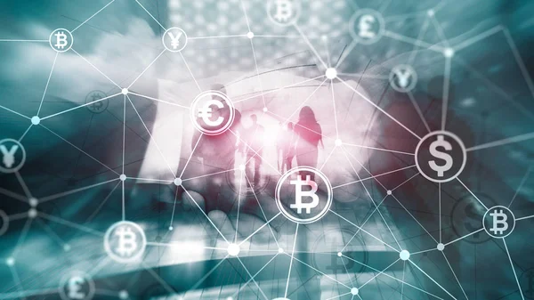 Doble exposición Bitcoin y blockchain concepto. Economía digital y comercio de divisas . — Foto de Stock