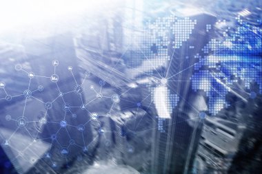 Çift Pozlama karışık ortam. Hologram ekranda diyagramları, simgeler ve ilişkileri yapısı. İş adamları ve arka plan üzerinde modern şehir.