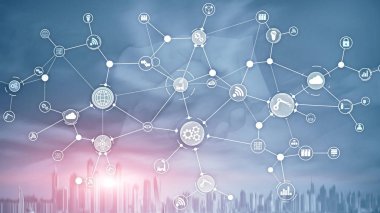 Sanal ekranda teknoloji endüstriyel iş akışı organizasyon yapısı. IOT akıllı endüstri konsepti karışık medya diyagramı.