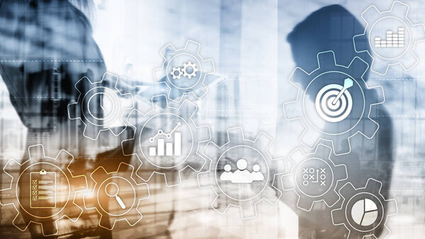 Концепция автоматизации бизнес-процессов. Передачи и иконки на абстрактном фоне
.