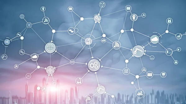 Technology Industrial Business Process Workflow Organisationsstruktur auf virtuellem Bildschirm. IOT Smart Industry Konzept Mixed Media Diagramm. — Stockfoto