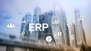 ERP sistemi, bulanık arka planda Atılgan kaynak planlaması. İş otomasyonu ve yenilik kavramı.