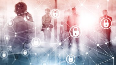 Siber güvenlik, bilgi gizliliği, modern sunucu odası arka planında veri koruma kavramı. İnternet ve dijital teknoloji kavramı.