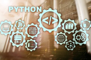 Python programlama dili sunucu Oda arka plan üzerinde. İş akışı soyut algoritma kavramı sanal ekran üzerinde programlama.