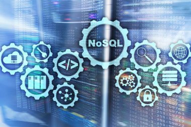 NoSQL 'de. Yapısal Sorgu Dili. Veritabanı Teknoloji Konsepti. Sunucu odası arkaplanı.