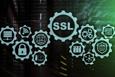 SSL Güvenli Soketler Katmanı konsepti. Kriptografik protokoller güvenli iletişim sağlar. Sunucu odası arkaplanı.