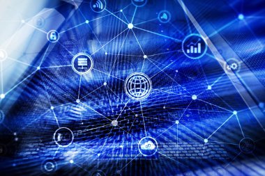 ICT - bilgi ve telekomünikasyon teknolojisi ve çok - Internet şeyler kavramları. Sunucu odası arka simgeleri ile diyagramları.