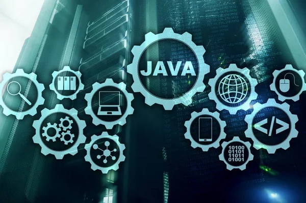 Java Programming concept. Virtual machine. On server room background.