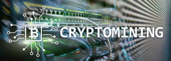 Cryptocurrency mining concept on server room background. Web site header wallpaper