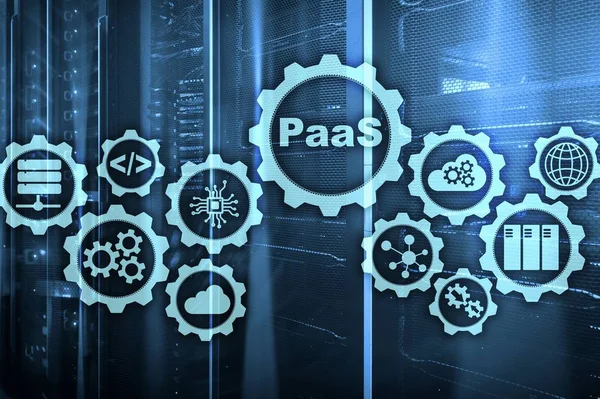 Plataforma como servicio PaaS - concepto de servicios de computación en nube. Fondo de la sala de servidores. — Foto de Stock
