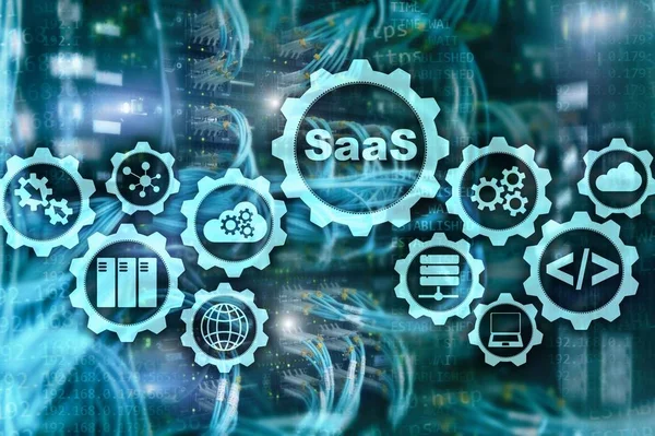 Servis SaaS olarak yazılım. Yazılım konsepti. Sanal ekran sunucu odası arka planında modern teknoloji modeli. İstenen Yazılım.