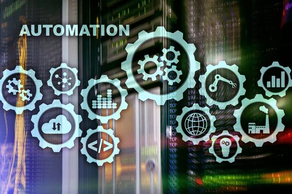 Automatisering productiviteit te verhogen concept. Technologieproces op een achtergrond in een serverruimte — Stockfoto