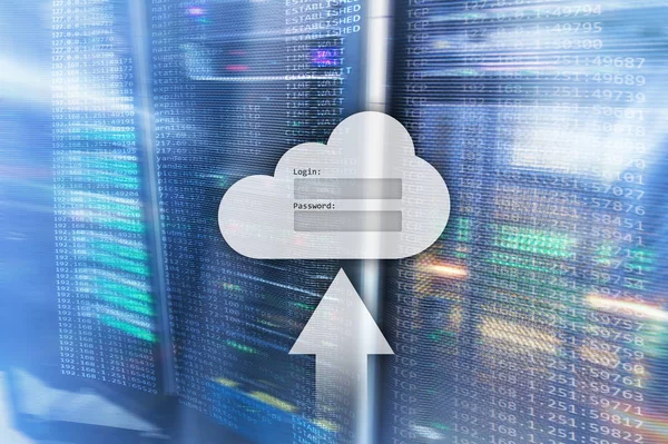 Cloud зберігання, доступ до даних, Логін і пароль вікно запит на сервер зал фоні. Інтернет і технології концепції — стокове фото