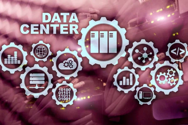 Data Center of the Future on a virtual screen. Business information technology concept. Storing data and securing business continuity.