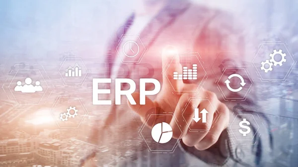 Sistema ERP, pianificazione delle risorse aziendali su sfondo sfocato. Concetto di automazione aziendale e innovazione. — Foto Stock