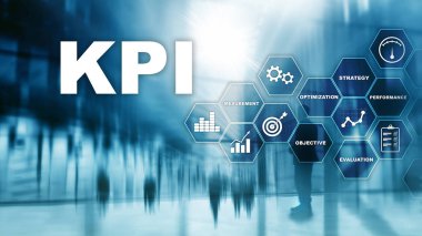 KPI - Anahtar Performans Göstergesi. İş ve teknoloji kavramı. Çoklu maruz kalma, karışık medya. Bulanık arka planda mali konsept
