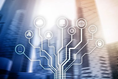 Bulanık iş merkezi zemin üzerine telekomünikasyon ve çok kavramı.