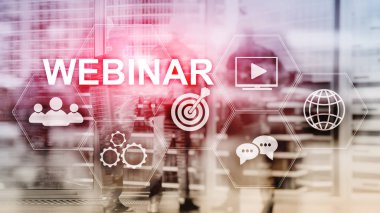 Webinar, kişisel gelişim ve e-öğrenme kavramı üzerinde bulanık arka plan.