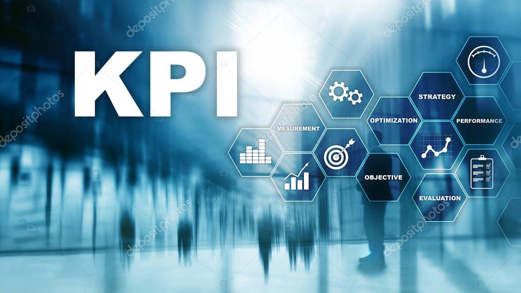 KPI - Key Performance Indicator. Business and technology concept. Multiple exposure, mixed media. Financial concept on blurred background