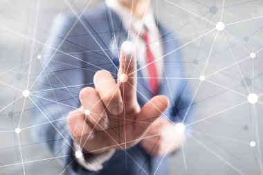 Bulanık gökdelenlerin arkaplanındaki engelleme ağı. Finansal teknoloji ve iletişim konsepti.