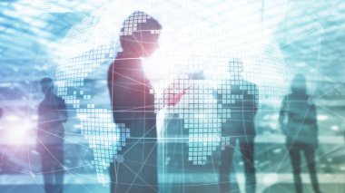 3D Dünya hologram üzerinde arka plan bulanık. Küresel iş ve iletişim kavramı.